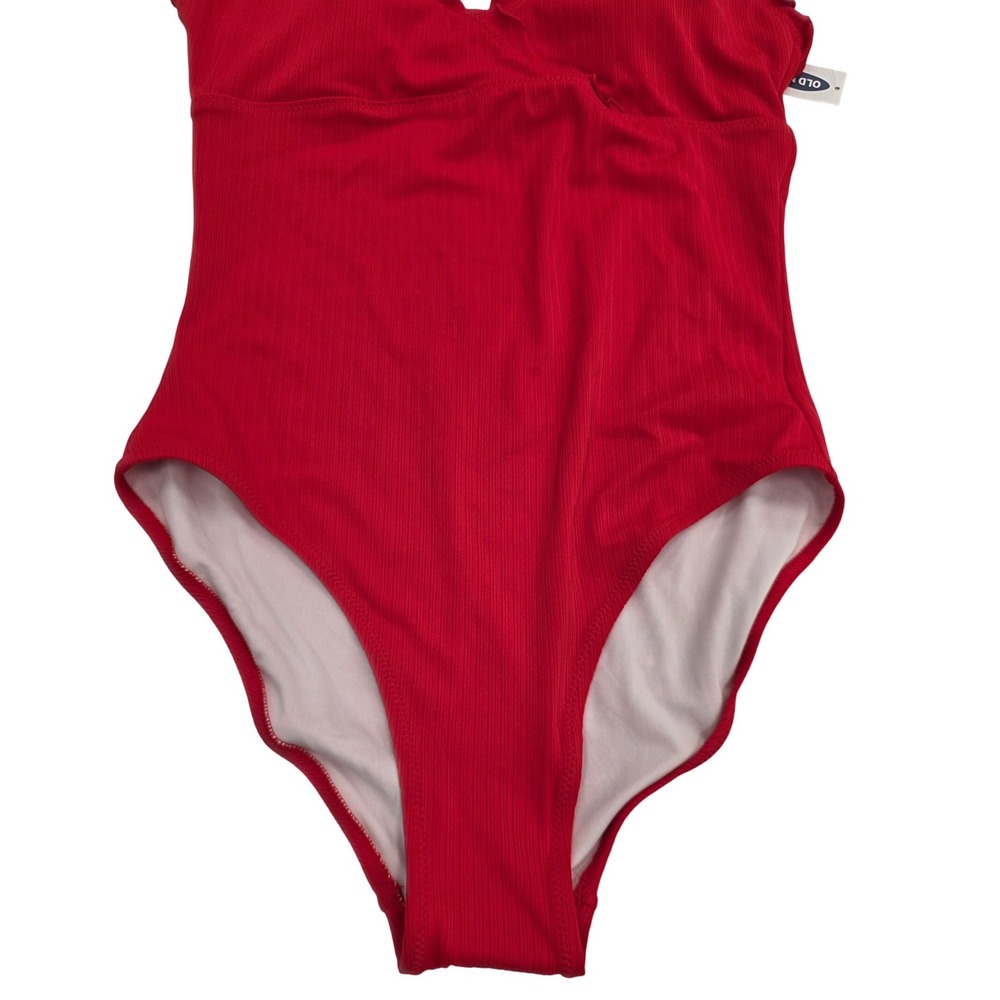 Old Navy Womens Red Ribbed Scalloped V-Neck Halter One Piece Swimsuit Size M - Picture 3 of 7